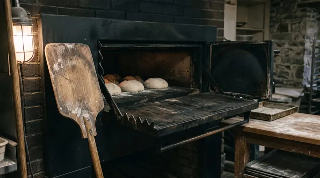 The open mouth of a deck oven, a wooden peel leaning against it, loaves on the stone inside