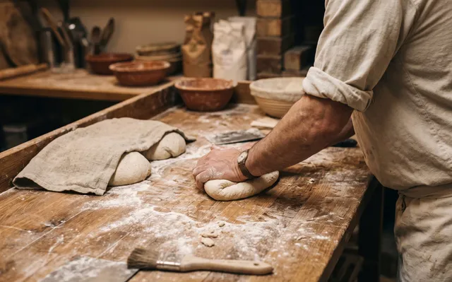 A floured wooden bench, a baker's hand shaping dough, more dough resting under a cloth